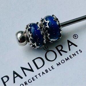 Pandora Lot/2 Galaxy Blue & Star Murano Glass Charm